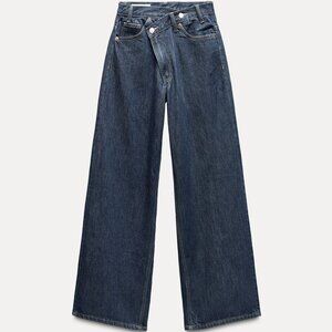 ZARA TRF High rise wide leg crossover waistband jeans, 25 (US 0) dark indigo